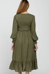 Olive Swiss Dot Smocked Long Sleeve Maternity Dress