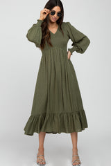 Olive Swiss Dot Smocked Long Sleeve Maternity Dress