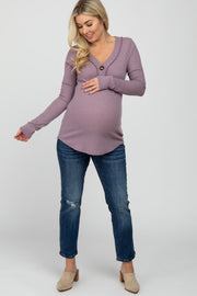 Purple Waffle Knit Button Accent Maternity Top