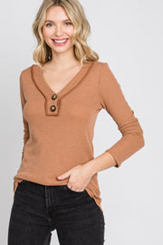 Camel Waffle Knit Button Accent Top