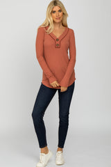 Rust Waffle Knit Button Accent Top