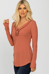 Rust Waffle Knit Button Accent Top