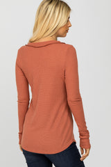 Rust Waffle Knit Button Accent Top