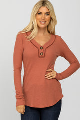 Rust Waffle Knit Button Accent Top