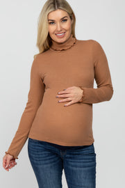 Camel Thermal Knit Turtle Neck Maternity Top