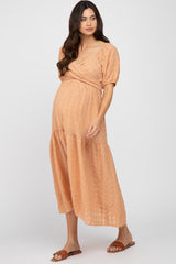 Peach Plaid Wrap Front Waist Tie Ruffle Hem Maternity Midi Dress