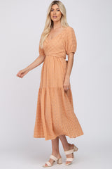 Peach Plaid Wrap Front Waist Tie Ruffle Hem Midi Dress