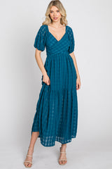 Blue Plaid Wrap Front Waist Tie Ruffle Hem Midi Dress