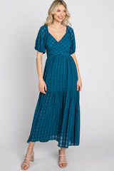 Blue Plaid Wrap Front Waist Tie Ruffle Hem Maternity Midi Dress