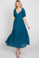 Blue Plaid Wrap Front Waist Tie Ruffle Hem Midi Dress