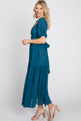 Blue Plaid Wrap Front Waist Tie Ruffle Hem Midi Dress