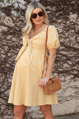 Yellow Gingham Front Tie Maternity Dress