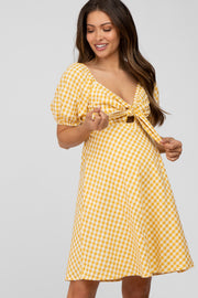 Yellow Gingham Front Tie Maternity Dress