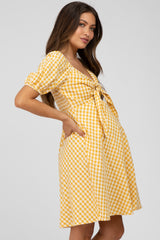 Yellow Gingham Front Tie Maternity Dress