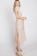 Taupe Striped Button Down Waist Tie Midi Dress