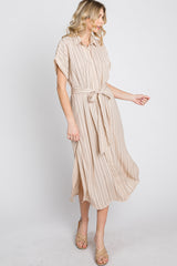 Taupe Striped Button Down Waist Tie Midi Dress