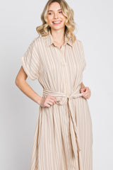 Taupe Striped Button Down Waist Tie Midi Dress