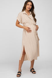 Taupe Striped Button Down Waist Tie Maternity Midi Dress