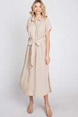 Taupe Striped Button Down Waist Tie Midi Dress