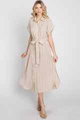 Taupe Striped Button Down Waist Tie Midi Dress