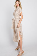 Taupe Striped Button Down Waist Tie Midi Dress