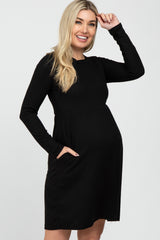 Black Ribbed Knit Long Sleeve Maternity Dress