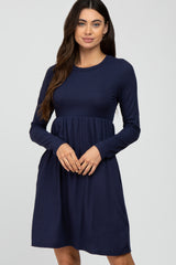 Navy Ribbed Knit Long Sleeve Dress