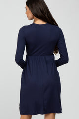 Navy Ribbed Knit Long Sleeve Dress