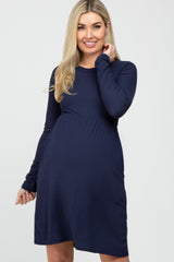 Navy Ribbed Knit Long Sleeve Maternity Dress