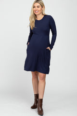 Navy Ribbed Knit Long Sleeve Maternity Dress