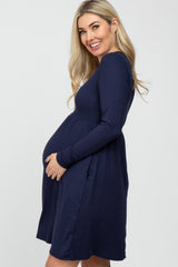 Navy Ribbed Knit Long Sleeve Maternity Dress