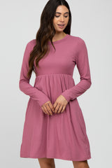 Mauve Ribbed Knit Long Sleeve Dress