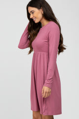 Mauve Ribbed Knit Long Sleeve Dress