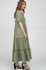 Olive Lettuce Trim Ruffle Tiered Midi Dress