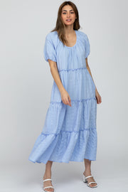 Light Blue Lettuce Trim Ruffle Tiered Midi Dress