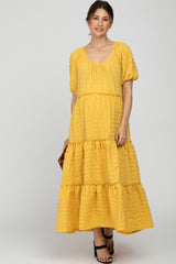 Yellow Lettuce Trim Ruffle Tiered Maternity Midi Dress