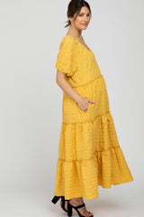 Yellow Lettuce Trim Ruffle Tiered Maternity Midi Dress