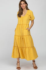 Yellow Lettuce Trim Ruffle Tiered Maternity Midi Dress