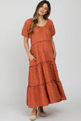 Salmon Lettuce Trim Ruffle Tiered Maternity Midi Dress