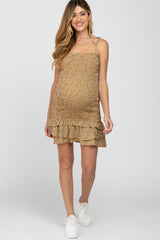 Yellow Floral Smocked Ruffle Hem Tie Strap Maternity Dress