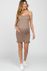 Mocha Floral Suede Smocked Sweetheart Neck Maternity Dress