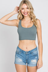 Teal Ribbed Scoop Neck Seamless Sports Bra