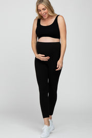 Black Ribbed Scoop Neck Seamless Maternity Sports Bra