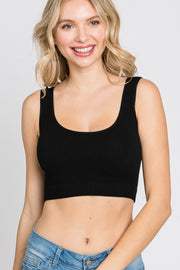 Black Ribbed Scoop Neck Seamless Sports Bra