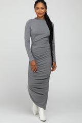 Grey Ruched Side Mock Neck Fitted Midi Dress