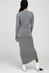 Grey Ruched Side Mock Neck Fitted Midi Dress