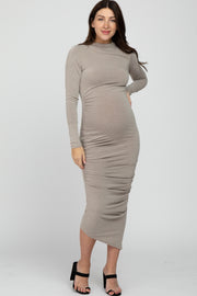 Mocha Ruched Side Mock Neck Fitted Maternity Midi Dress