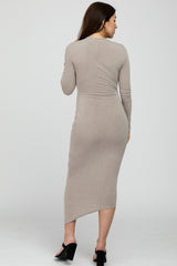 Mocha Ruched Side Mock Neck Fitted Maternity Midi Dress