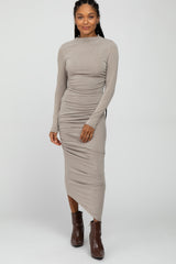 Mocha Ruched Side Mock Neck Fitted Maternity Midi Dress