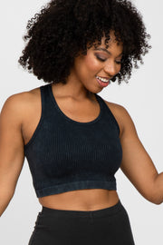 Black Vintage Wash Ribbed Sports Bra